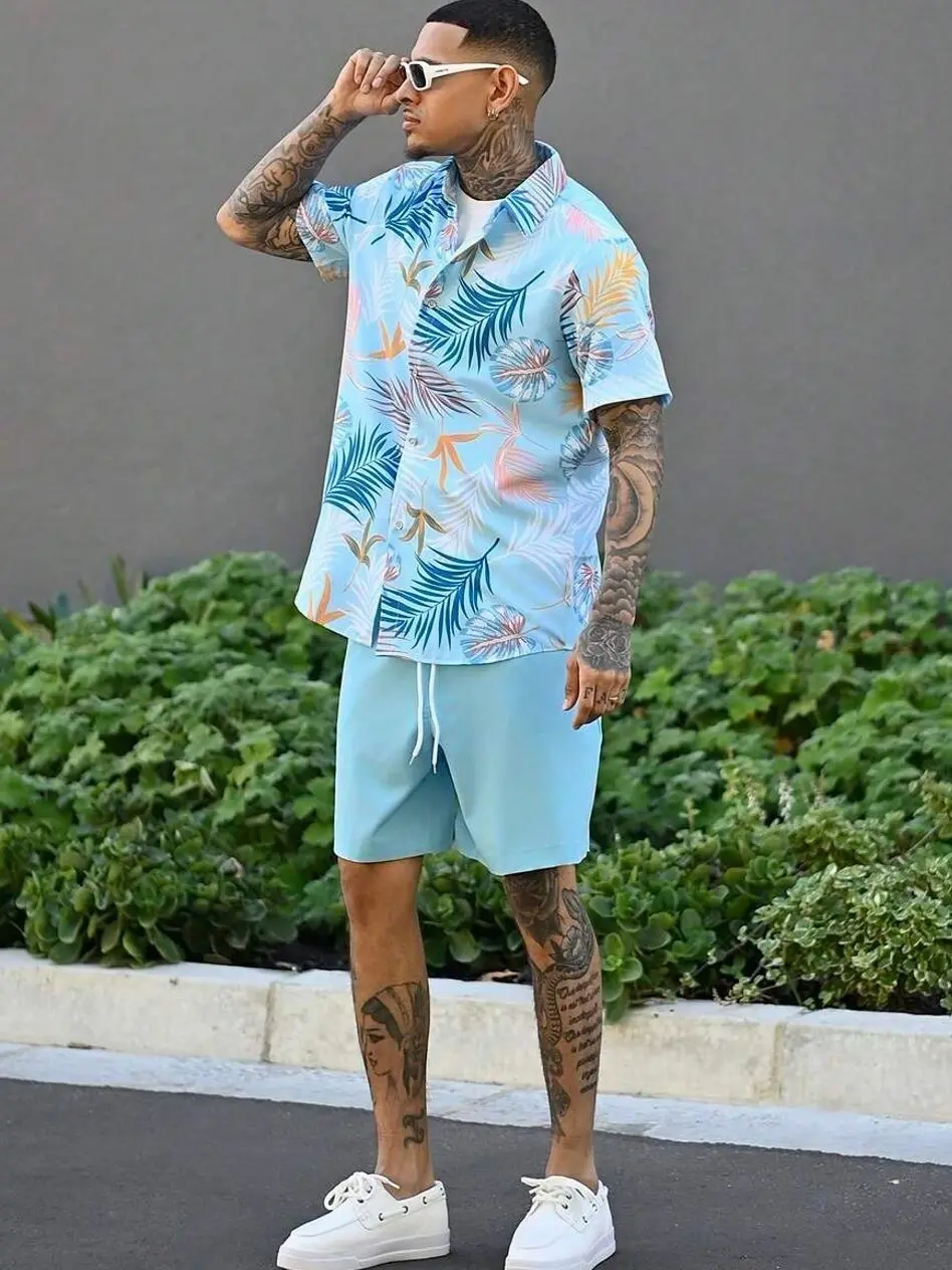 Men's Hawaiian Floral Short Set, Matching Shirt & Shorts, Tropical Summer Beach Vacation Outfit