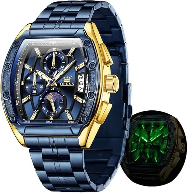 OLEVS Watch Men Big Square Face Chronograph Stainless Steel Dress Watch