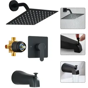 Black Tub Shower Faucet Set Complete with 8-Inch Rainfall Shower Head and Tub Spout Included Shower Valve Tub Shower Trim Kit Matte Black