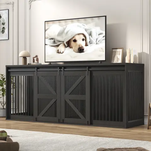 Farmhouse Dog Crate TV Stand - Sturdy MDF + Iron Enclosure with Double Barn Doors, 4 Metal Locks, Slide-Open Mesh, Chew-Resistant Pet Furniture, Solid Tube, Middle Divider, Calm Cohab, Labeled Parts for Quick Assembly (Large Breeds, Home Decor)