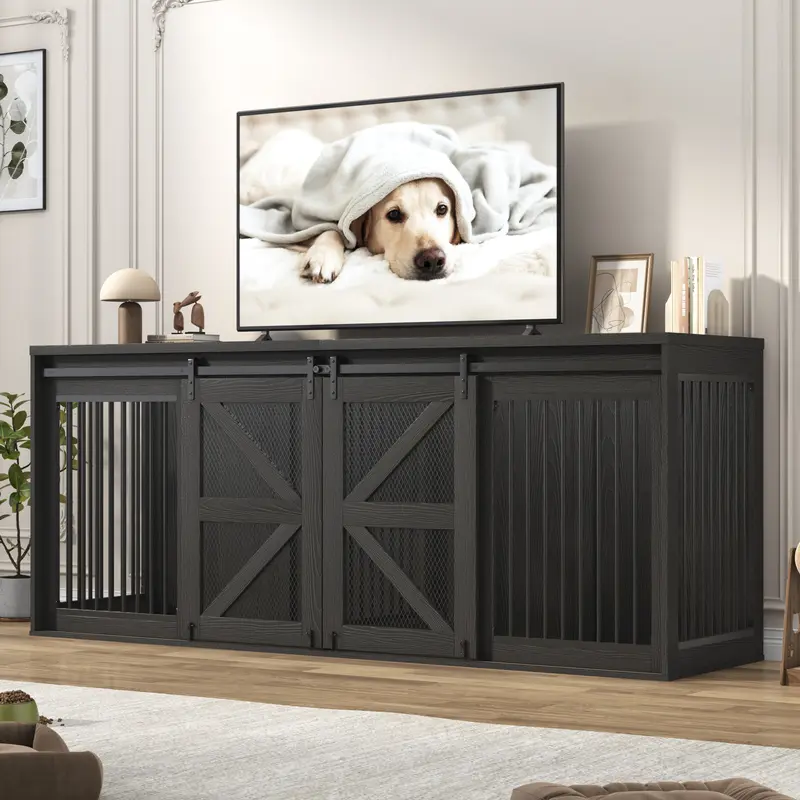 Farmhouse Dog Crate TV Stand - Sturdy MDF + Iron Enclosure with Double Barn Doors, 4 Metal Locks, Slide-Open Mesh, Chew-Resistant Pet Furniture, Solid Tube, Middle Divider, Calm Cohab, Labeled Parts for Quick Assembly (Large Breeds, Home Decor),familyfun