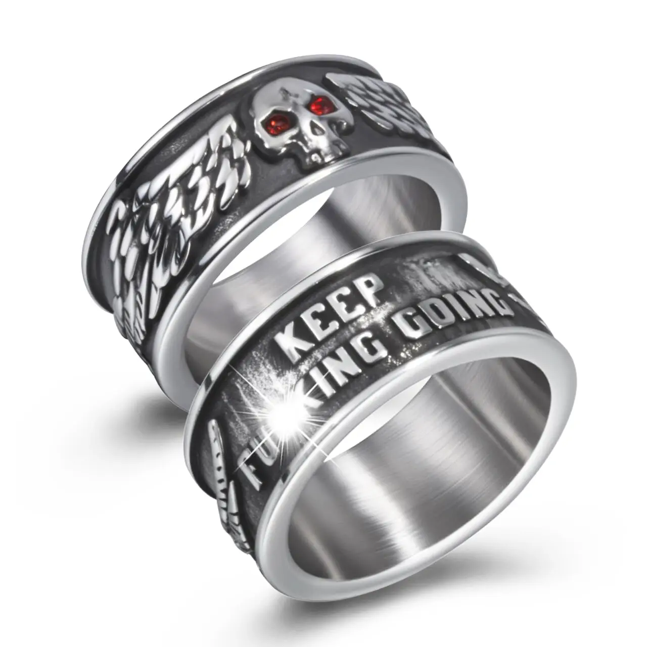 Gothic Skull Rings for Men Women, Red Cubic Zirconia Wings Keep Going Ring Band 316L Stainless Steel Silver Skeleton Cocktail Party Punk Rock Rings Size 8-13