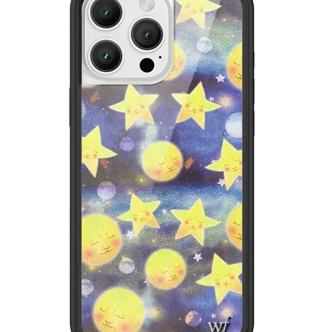 Celestial Dreaming | Limited Edition Trendy iPhone Case | Raised Protective Black Bumper | Women Owned Small Business | Vibrant Blue and Black Galaxy Background Shining Stars and Bright Moons | Safety Casing Protective | Gift for Her, Smartphone, Cellphon