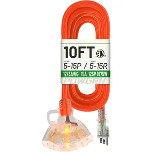 10 FT 12/3 Gauge Extension Cord with Multiple Outlets Outdoor, 3 Outlet Extension Cord Heavy Duty Orange with Lighted, Tri-Tap Power , 12AWG 15Amp 1875Watts 125Volts SJTW, ETL Listed