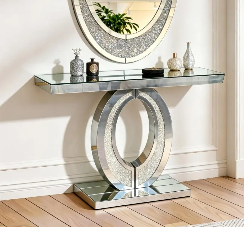 Large Olive-Shape Mirrored Crushed Diamond Console Table, Elegant Indoor Living Room & Hallway Furniture