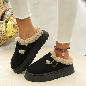 Women's Mules Suede Thick Sole Snow Slippers Fleece Lined Shoes Slip On Garden Clogs Indoor Outdoor Comfortable Winter Footwear