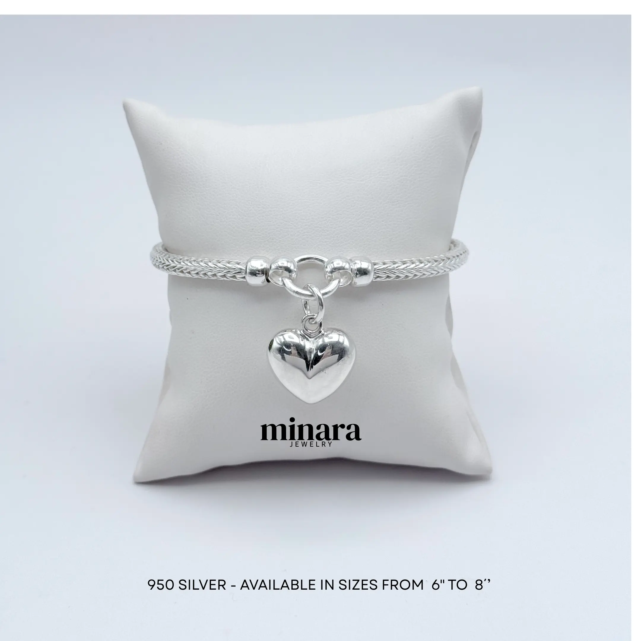 950 Silver Bracelet with Heart Charm - Premium 950 Silver Material, Modern Design, Ideal for Jewelry & Decorative Pieces, Available in Sizes 6" to 8"