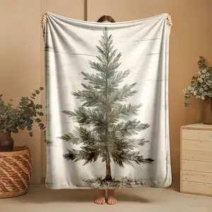 1 piece The serene winter scenery of pine trees themed flannel blanket - Flannel blanket with modern design, suitable for sofas and beds, all-season use, super soft and comfortable, digitally printed pattern, 100% polyester material, machine