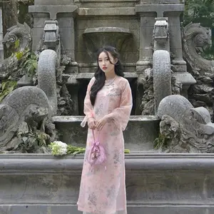 Áo dài hồng , hoạ tiết thêu nổi kèm quần hồng - Vietnamese Traditional dress