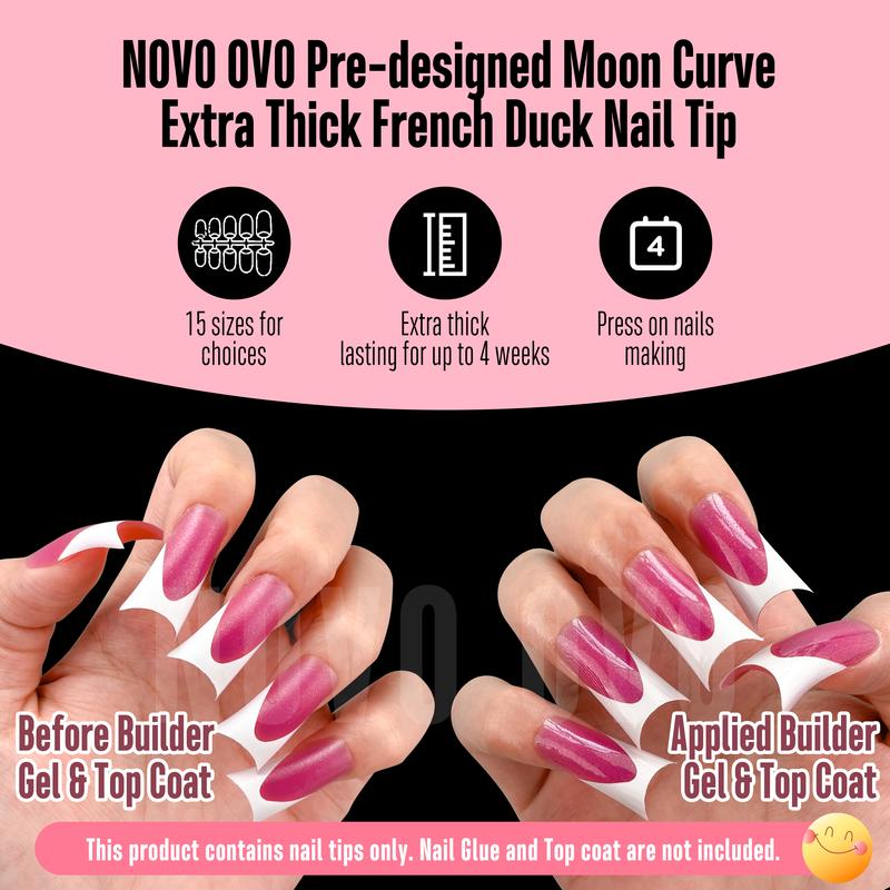 NOVO OVO Duck Nail White French Tips Press On ROSE PINK with Glitter, Full Cover Acrylic with Moon Curve, Medium Thick Pre-Etched Flare Wide Soft Gel False Nail Extension x 15 Sizes 150 pcs【NO GLUE ,TOP COATAND LAMP INCLUDED】