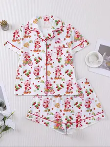 Girls' Strawberry Cartoon Print Short Sleeve Button Pajama Set, Cute Loose-Fit Sleepwear, Ideal for Casual HomeWear and Gifting, Fruit Print Pajamas