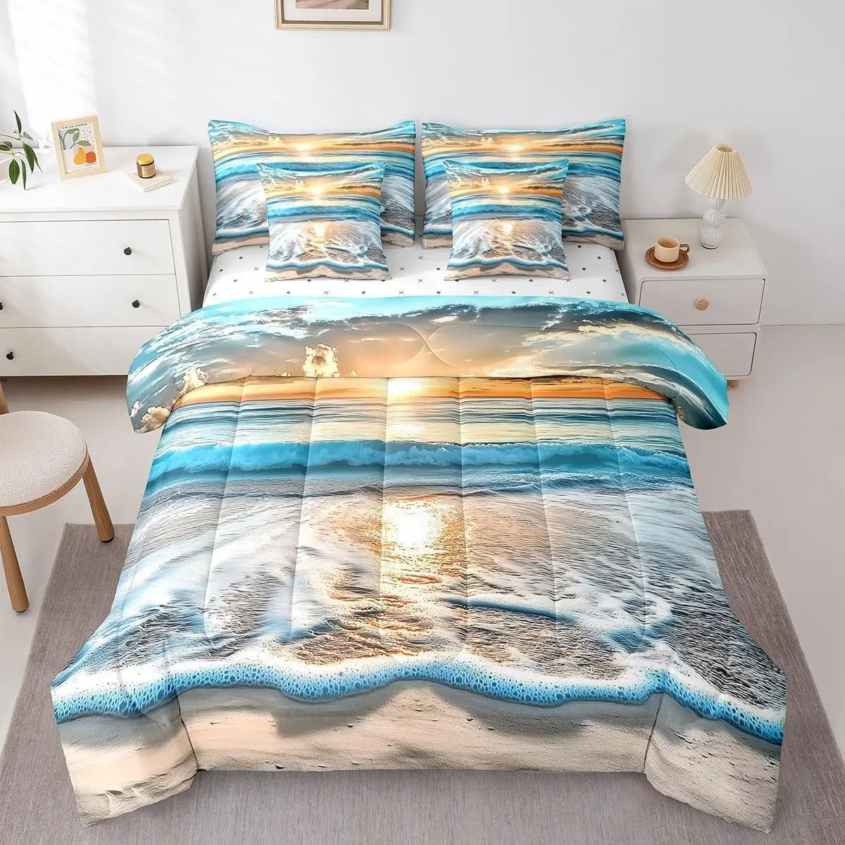 Ocean Waves Comforter Set 7 Pcs Hawaiian Beach Sea Nature Pattern Printed Bedding Set Summer Holiday Vacation Bed in a Bag with Comforter,Sheets,Pillowcases & Cushion Cover