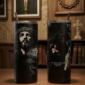 Forgiven Saviour Jesus 40oz Tumbler with Handle | Vintage Catholic Luke 23:34 Custom Cup 20oz No Handle | Gothic Dark Faith Insulated Mug | Christian Religious Spiritual Gift | Cup Holder Friendly