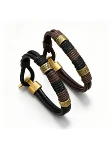 Vintage Leather Bracelet for Men, Retro Handmade Braided Leather Cuff Bracelet with Bronze Beads, Adjustable Toggle Clasp Wristband, Black/Brown, Gift for Him