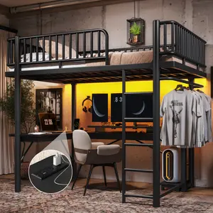 Eyisean Full/Queen Size Metal Loft Bed, Space Saving Gaming Loft Bed with Computer Tray & L-Shaped Desk, Modern Beds Frame with LED Light & Charge Station, Hanging Area, Round Pipe and Guardrail Design Beds for Adults, No Box Spring Needed