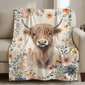 Highland Cow Floral Plush Throw Blanket - Soft Cozy Farmhouse Decor, Cute Scottish Cow Gift for Couch Bed Sofa