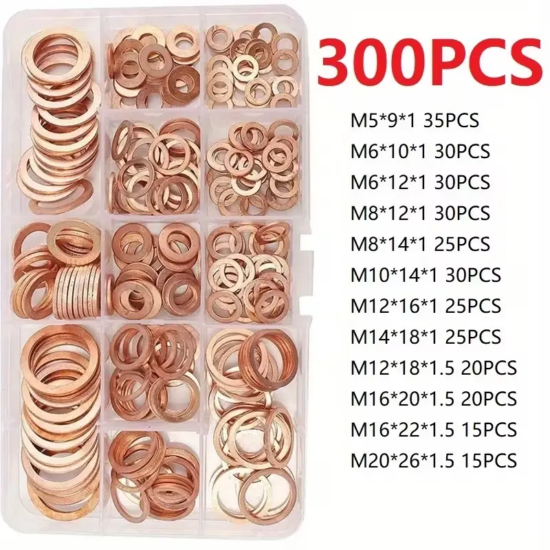 300pcs M5-M20 Copper Sealing Solid Gaskets, Oil Pan Plug, Flat Pressure Seal Ring Tool, High-Quality Reliability Effective Longevity Automotive Parts