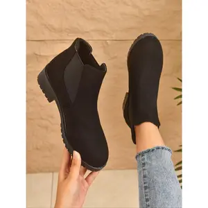 Women's Fall Winter New Fashion Chunky Heel Chelsea Boots, Winter Warm Boots, Round Toe Ankle Booties, Casual Textile Shoes, Size 43