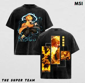 Demon Slayer Zenitsu Agatsuma Thunder Breathing Oversized Washed T-Shirt | Premium Vintage Anime Graphic Tee for KNY Fans | Streetwear Style