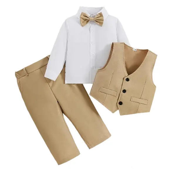 Boys' 3-Piece Formal Suit Outfit - Solid Color Vest, Long Sleeve Shirt, Pants Set for Party, 1st Birthday Party Wear