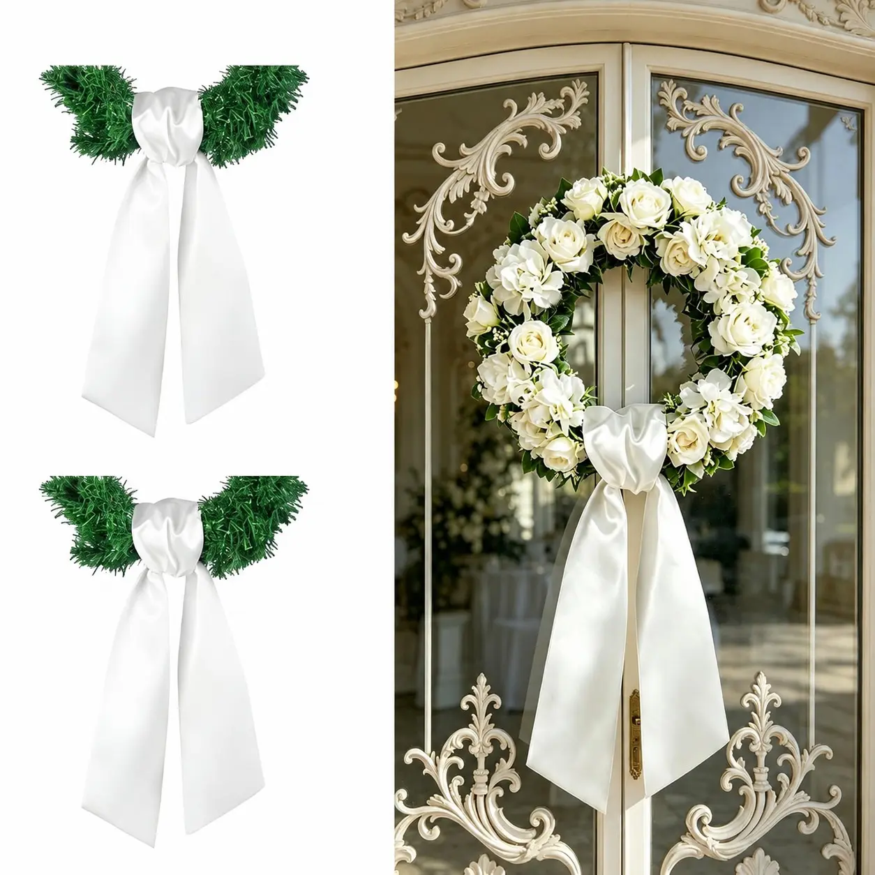 Wreath Sash for Front Door Blank Satin Tulle Wreath Sash Embroidery Monogram Plain Ribbon Accessories Festive Decoration for Xmas Party Yard Doorway wedding Indoor Outdoor Wall
