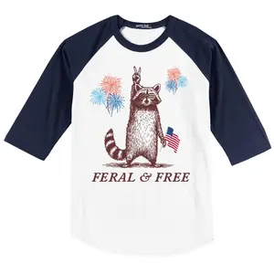 Feral & Free Funny America USA Patriotic Racoon 4th July Baseball 3/4 Sleeve Shirt