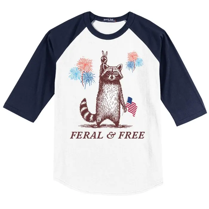Feral & Free Funny America USA Patriotic Racoon 4th July Baseball 3/4 Sleeve Shirt