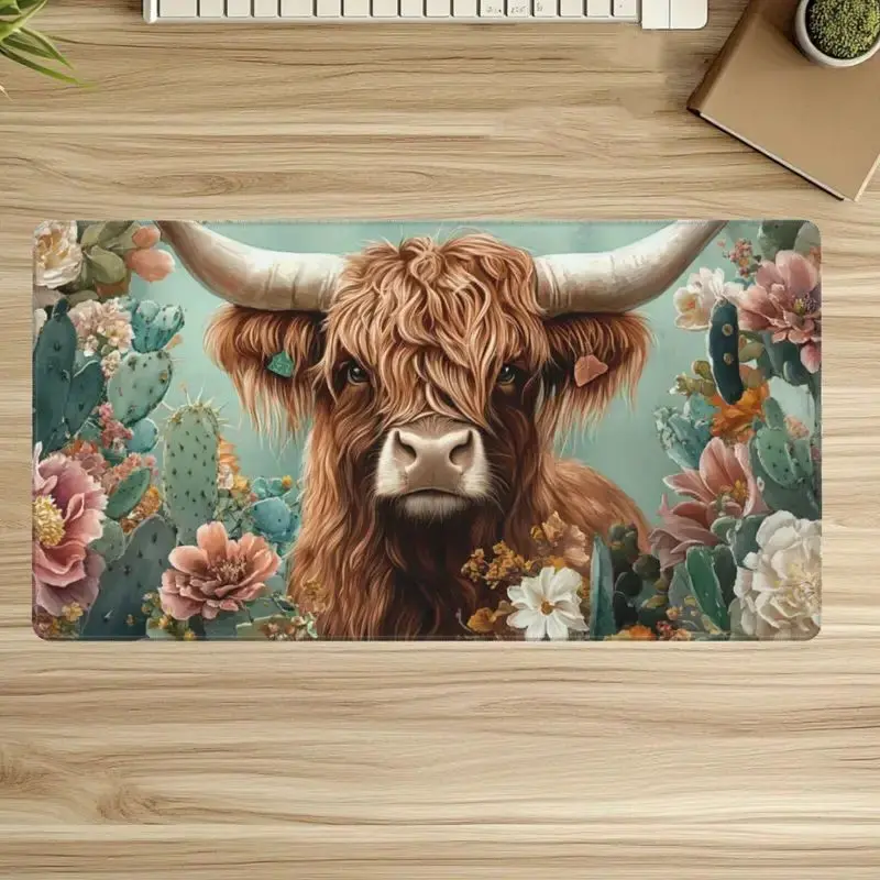 Washable Highland Cow Floral Watercolor Art 1pc Mouse Pad - Rubber Non-Slip Oblong Desk Mat for Home Office, Creative Workspaces