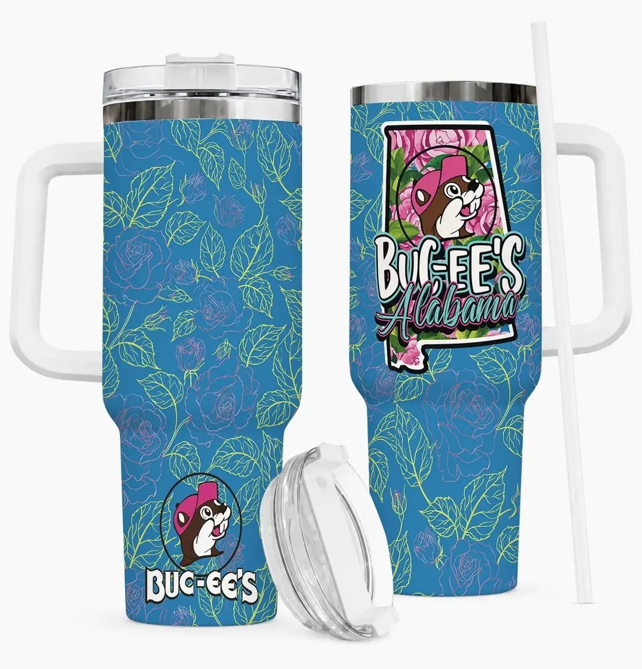 Buc-ee's Alabama 40oz Insulated Tumbler with Handle and Straw, Blue Floral Rose Pattern Travel Mug, Double Wall Vacuum Leak-Proof Water Bottle, Fan Merch Gift