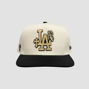 LA Cross Angel Snapback Hat – Black and Cream Gold Detailed Flat Brim Cap