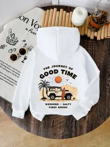 Boys' Hooded Sweatshirt with Letter Print, Desert Car Graphic, Slight Stretch Polyester, Perfect for Fall & Winter