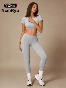 Women's Sportswear Set, Sports Jogging Wear, High Elastic Soft Slim-Fit Anti-Shock Design, Short Sleeves & Above-Ankle Pants, Ideal for Running Cycling Hiking