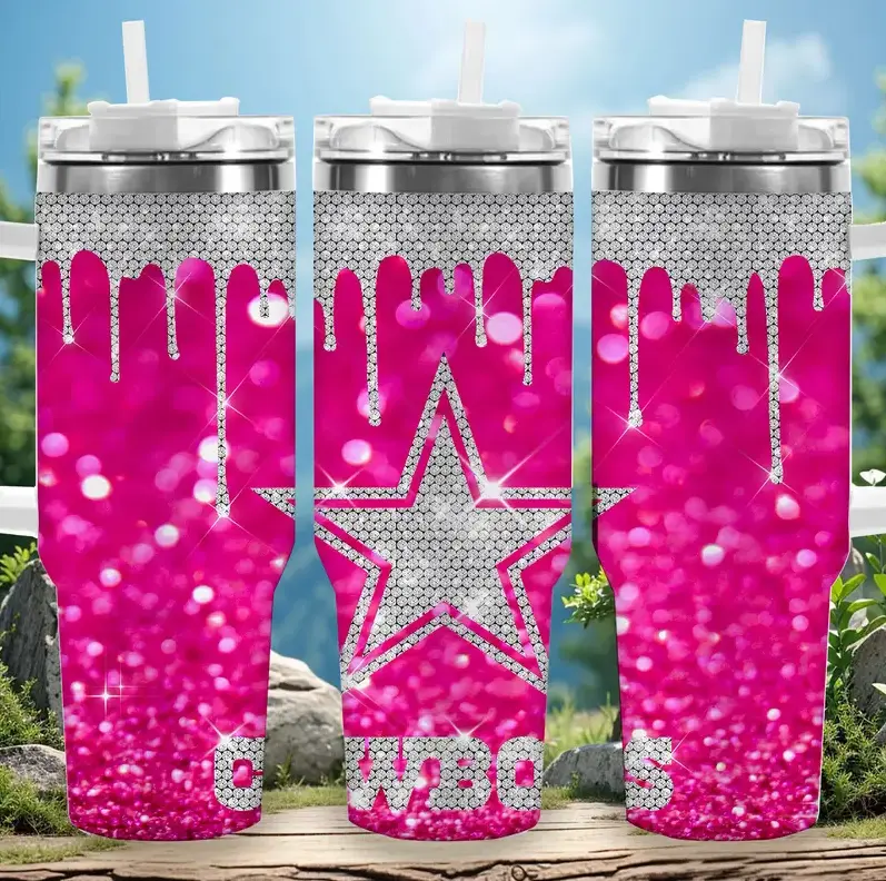 [Western Collection] Glittery Pink Cowboy Star 40oz/20oz Tumbler with Handle & Straw, Stainless Steel Double Wall Vacuum Insulated Travel Mug, Cowgirl Western Star Glitter Design, Keeps Drinks Hot & Cold, Fits Car Cup Holder, Gift for Women
