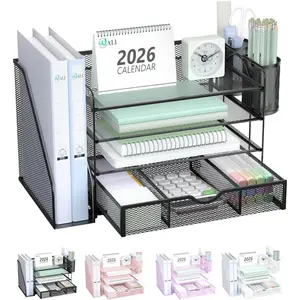Desk File Organizer 4 Tier Desktop Paper Letter Tray Organizer with Drawer and 2 Pen Holders Office Desk Accessories & Workspace Organizers for Office Home Supplies (DO005DH-B) 1 Pack Black