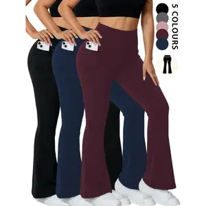 Women’s 3-Pack Super Soft Flare Pants with Pockets, High-Waisted Tummy Control Bell Bottoms, No-See-Through Workout & Yoga Leggings, Fitness Yoga Pants