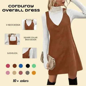 Women V Neck Corduroy Overall Dress Casual Loose Short Pinafore Dresses Cute Mini Jumper Dress
