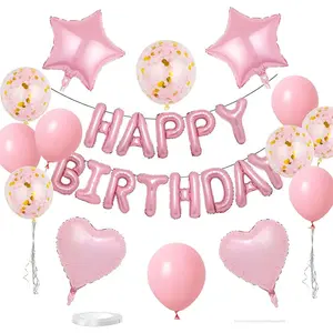 29 Pcs Pink Birthday Decorations, 3D Foil Pink Happy Birthday Balloon Banner, Pentagram Heart Foil Balloons Confetti Balloons Kit For Boys Girls Birthday Party Supplies