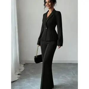 Women’s two-piece set featuring a black lapel blazer with multiple buttons and a cinched waist, paired with high-waisted long-leg suit pants with a pleated hem, suitable for all seasons, ideal for daily wear, events, and other occasions.