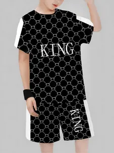 Boys' Summer Casual Suit Set, Breathable Quick-Dry Shorts & Pullover Top, All-Season Outdoor Basketball Beach Wear, Fashionable Printed