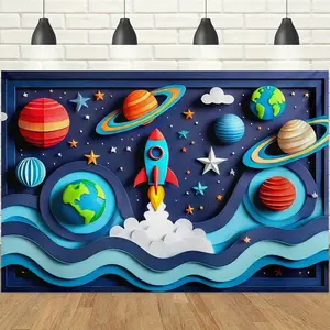 1pc 2D Space Rocket Planet Theme Banner, Paper Art Style Cosmic Starry Sky Backdrop, Party Decoration Tapestry, Photo Booth Background Cloth for Birthday Party Celebration