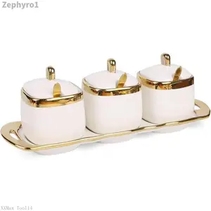 Sugar Bowl with Lid and Spoon,Ceramic Condiment Jars  Container with Tray,Salt and Sugar Containers, Condiment Canisters Pots Seasoning Box Set of 3 for Kitchen Coffee Bar,WhiteZephyroXXMax Tool14