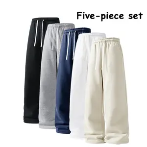 Men’s 5-Pack Casual Sweatpants, Elastic Waist Drawstring Wide-Leg Pants, Soft Lounge Joggers with Side Pockets