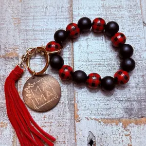 Tassel Wood Bead Bag Pendant or Keychain with Red and Black Beads & Red Tassel Charm