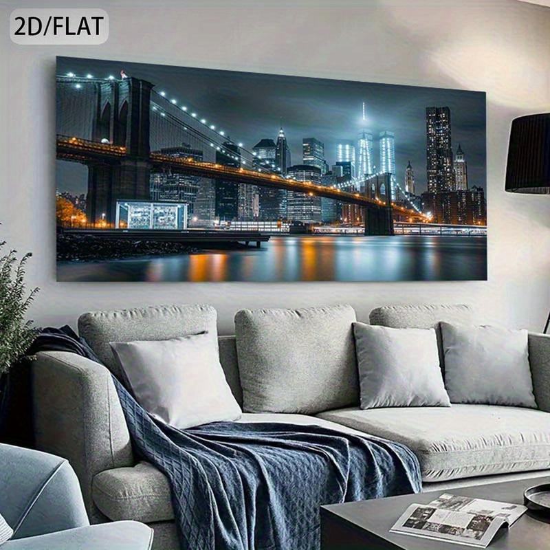 Wooden Framed Canvas Painting2D Flat Large modern New York skyline canvas wall art - Brooklyn Bridge and Skyscraper night view poster, bright urban decorative painting, suitable for living room, bedroom, office Wrapped in canvas