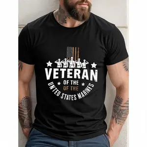 Men'S Patriotic Marine Corps Veterans T-Shirt - Black with American Flag Design - Breathable Cotton Crew Neck Tee - Regular Fit Casual Shirt for Veterans Day, 4th of July, Casual Attire - All-Season Comfort Fit, Patriotic Clothing, Patriotic Graphic Tee,