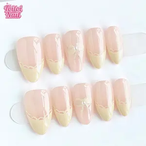 Satin Dream|10 PCS Short Almond Pure Handmade Press On Nails, Pink Yellow Lace Light Mature Press On Nails, Translucent Glossy Base, Creamy Yellow Lace Edge, Bowknot Pearl Decoration, Commuting Date Nail Set, Nail Accessories, Nail Art