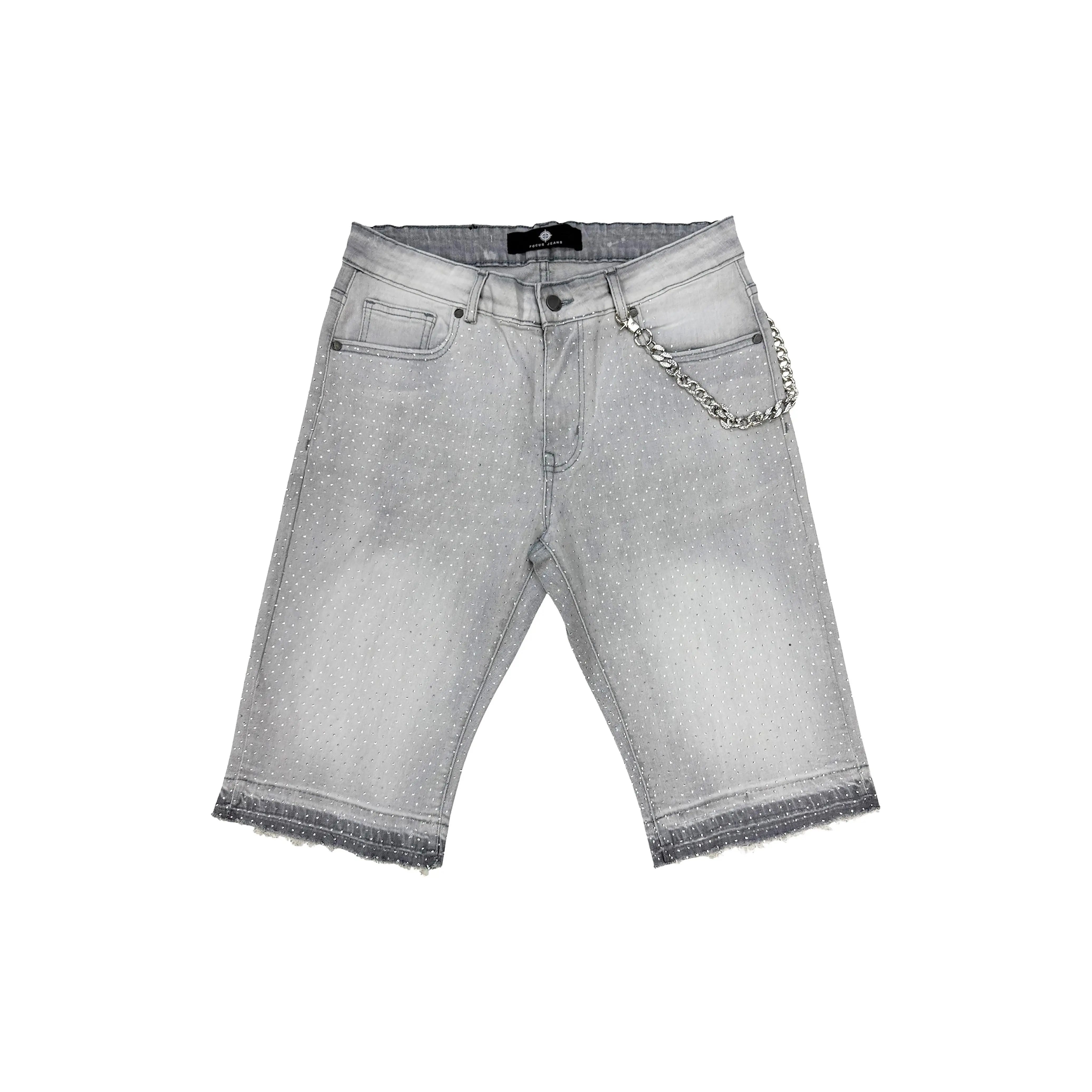 Men's Rhinestone Denim Shorts - Slim Fit Stretch Cotton Blend Casual Jean Jorts with Wallet Chain, Light Grey Wash, Button Front, Jeans, Rhinestones, Slim-Fitting, Spandex, Menswear, Pocket