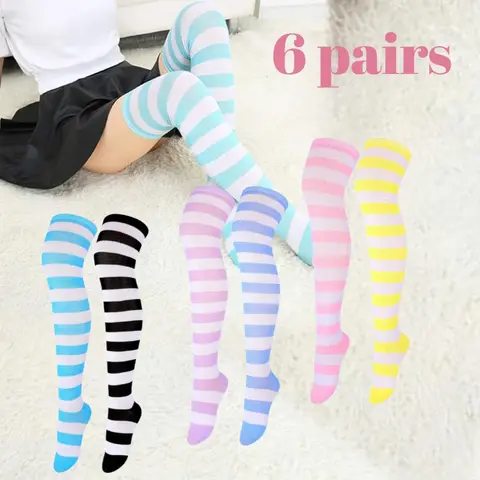 Women's 6-Pair Chic Fashion Striped Over-Knee Socks - Soft, Comfortable, Smooth Cotton-Acrylic Stockings, Loose Slouch Matching Cosplay Party Accessories, Women's Underwear (Blue White, Black)