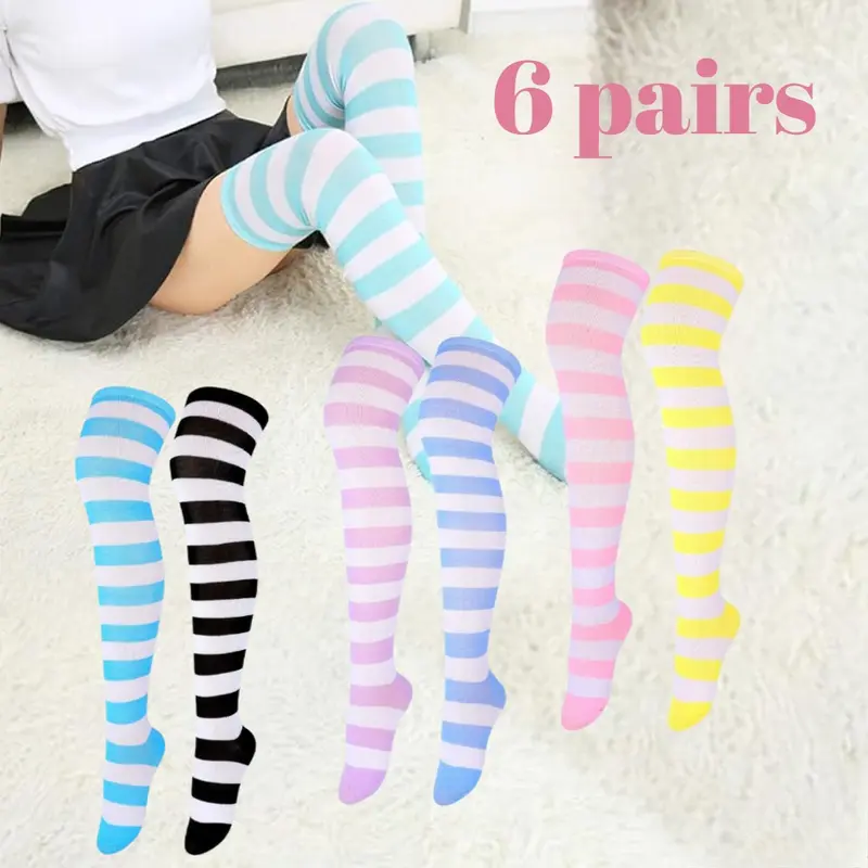 Women's 6-Pair Chic Fashion Striped Over-Knee Socks - Soft, Comfortable, Smooth Cotton-Acrylic Stockings, Loose Slouch Matching Cosplay Party Accessories, Women's Underwear (Blue White, Black)