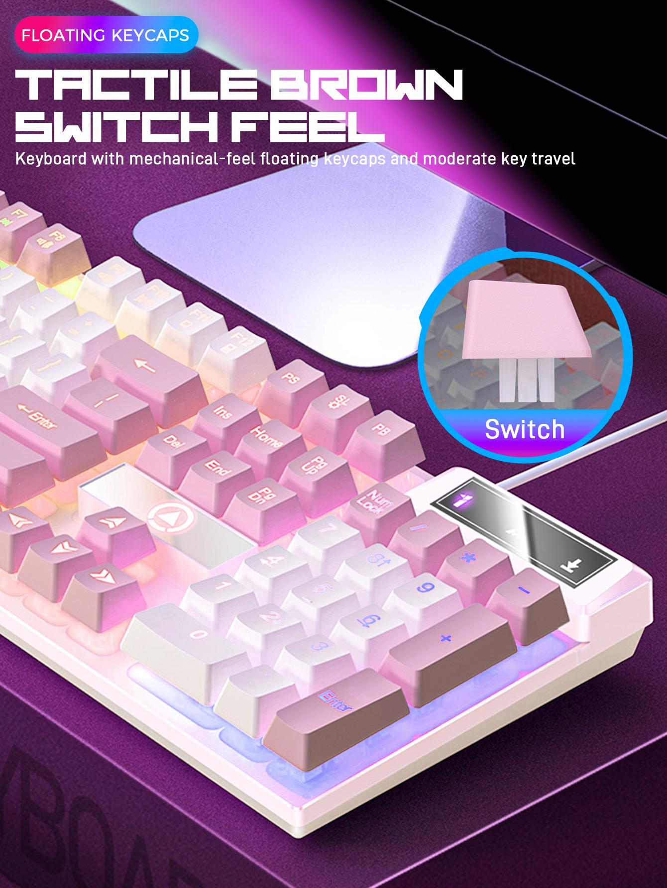 104 Gaming Keyboard Wired, laptop Keyboards with Creamy Cute Number Pad for PC, Mechanical usb c Keyboard with Tactile switch feel Floating Keycaps, Rainbow Mixed-Color Backlit Keyboard & Multimedia Keys for Gamer